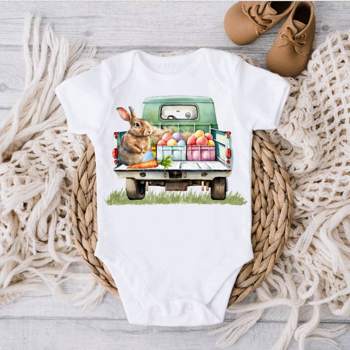 AvaryMaeInspirations - Wholesale Bodysuit (Non-Footed) - Baby - Easter Bunny Back of Truck and Eggs Baby Onesie