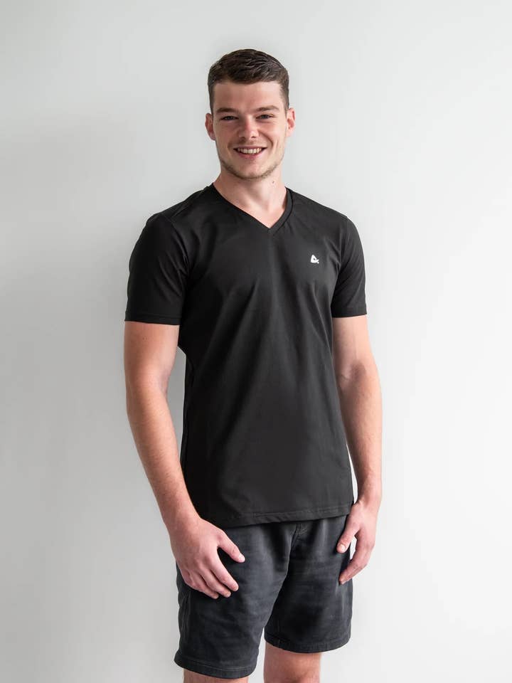 Men's V-neck black t-shirt for wholesale by Aura Evolution