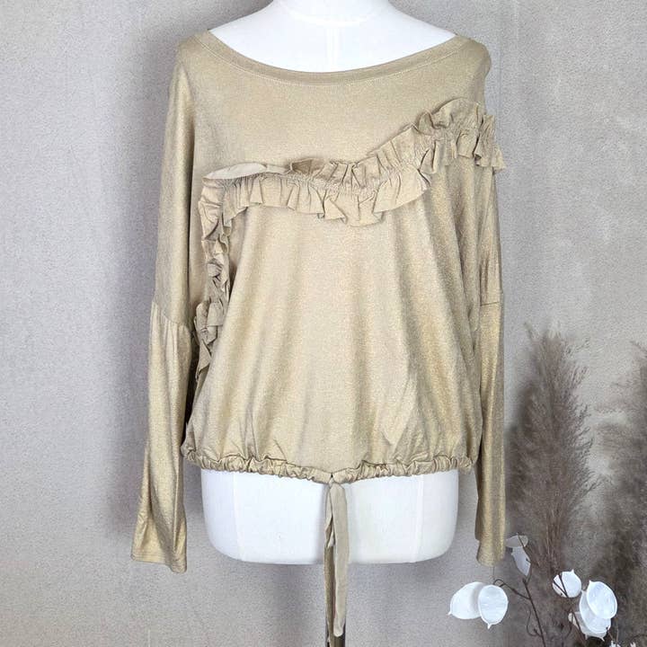 Viscose elastane subtle gold hotprint top with gathered fabric detail on front and drawstring hem (M) for wholesale by Tempest Designs