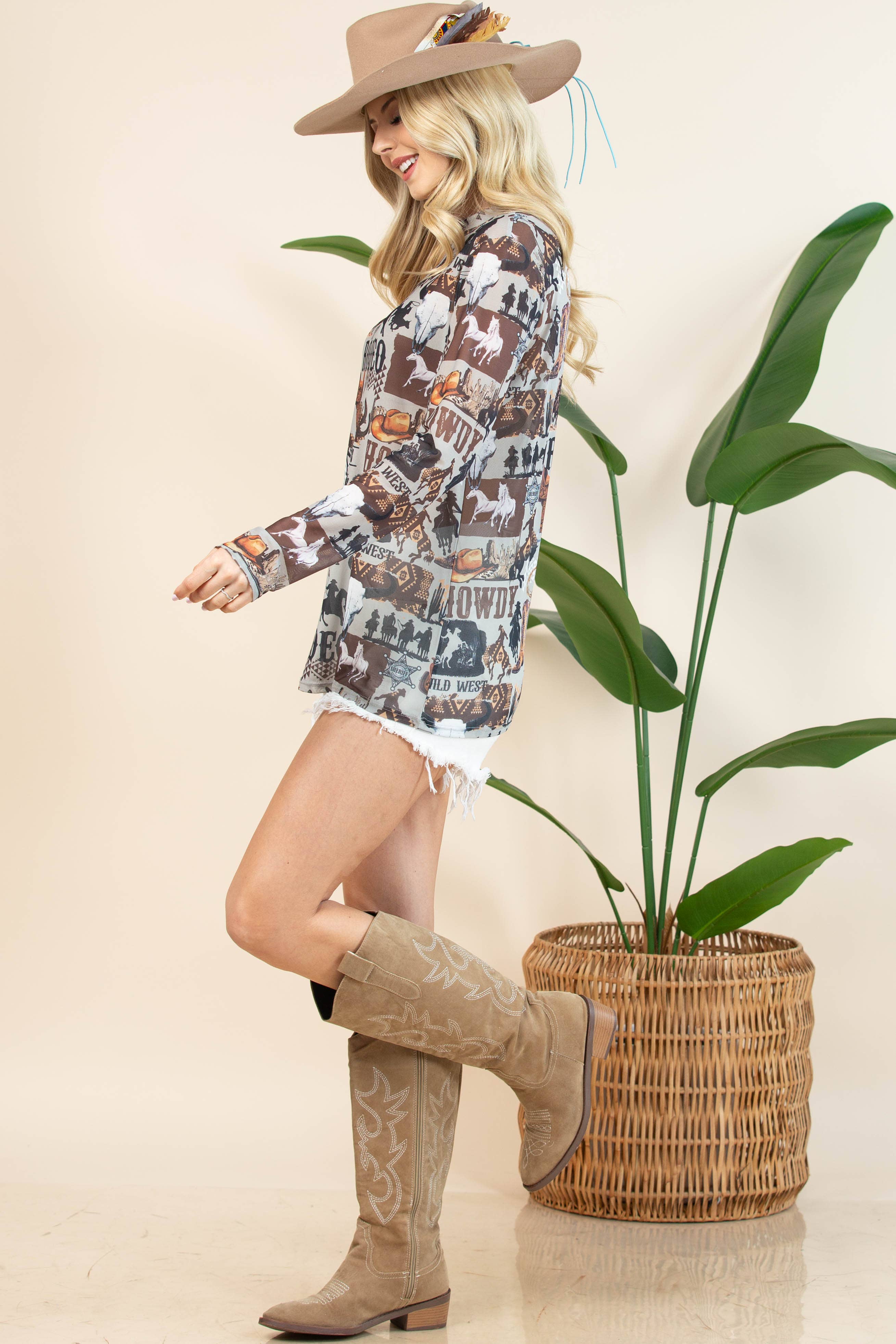 Light Grey Brown AV1230-AUBREY-6169 WESTERN RODEO SEMI SHEER MESH TOP for wholesale on Faire13
