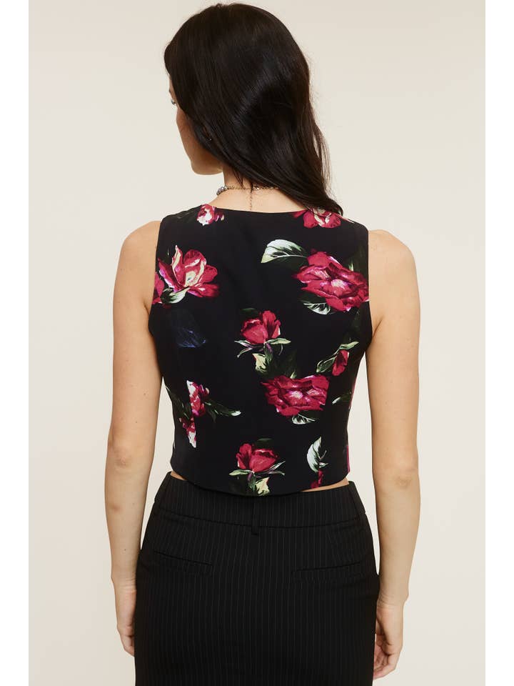 MT1594 SATIN EFFECT ROMANTIC ROSE PRINT VEST for wholesale on Faire