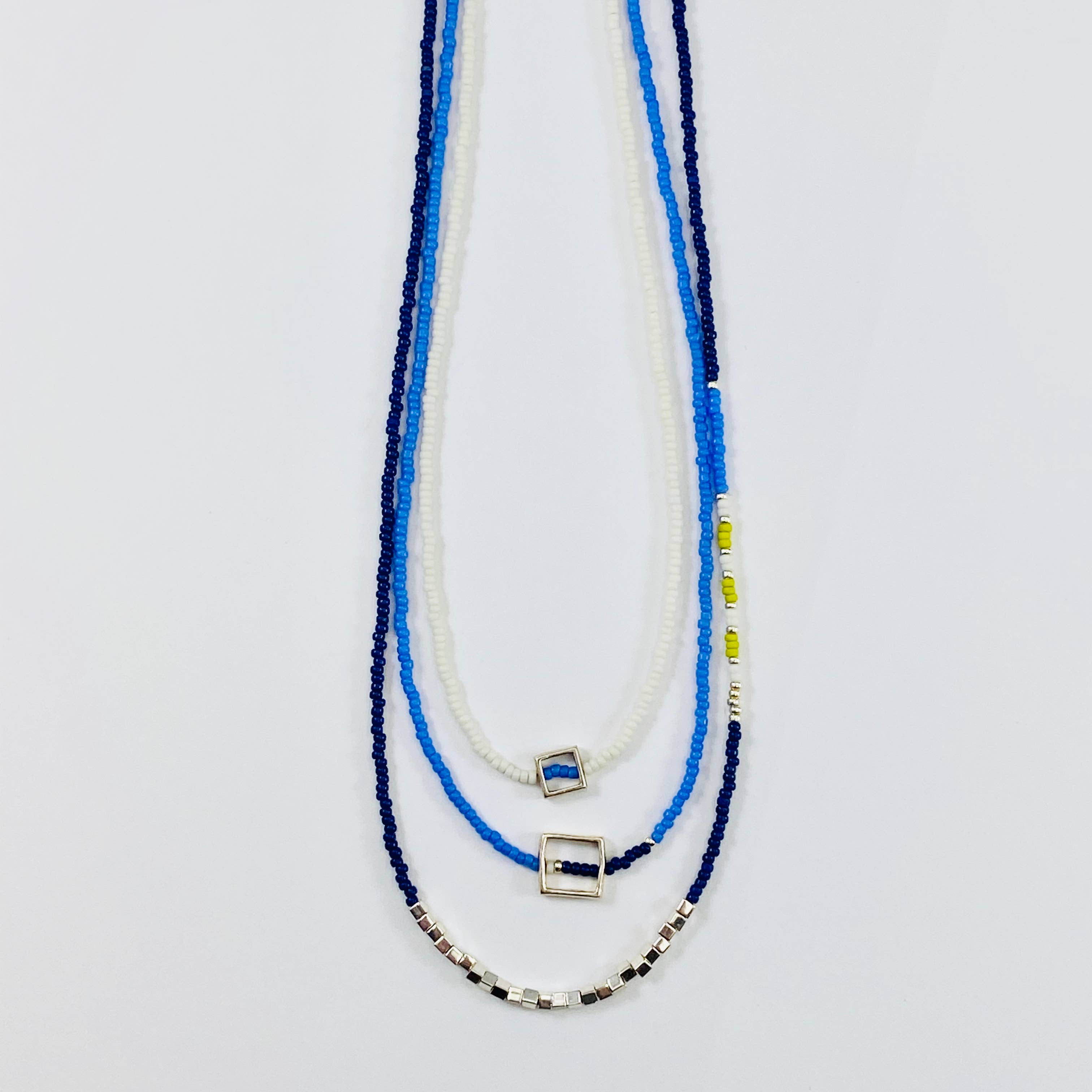 Sarah Crawford Handcrafted – wholesale Jewellery set – Blues Beaded Necklace Set - Small Sterling Silver Open Squa2