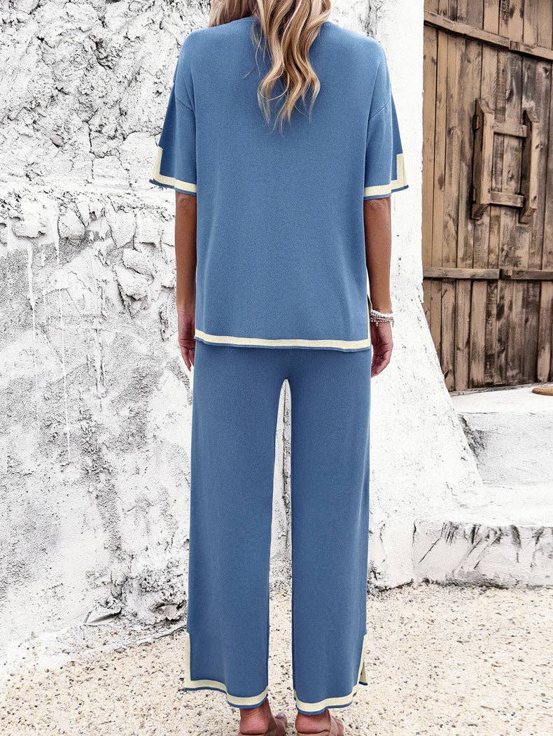 L Michele - Wholesale Set met top en broek (GEEN Loungewear) - Dames - Casual gebreide, contrasterende blousebroek met korte mouwen7