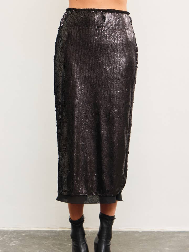 Mustard Seed - Wholesale Skirt - Women's - LAYERED MESH BACK SLIT SEQUIN MIDI SKIRT