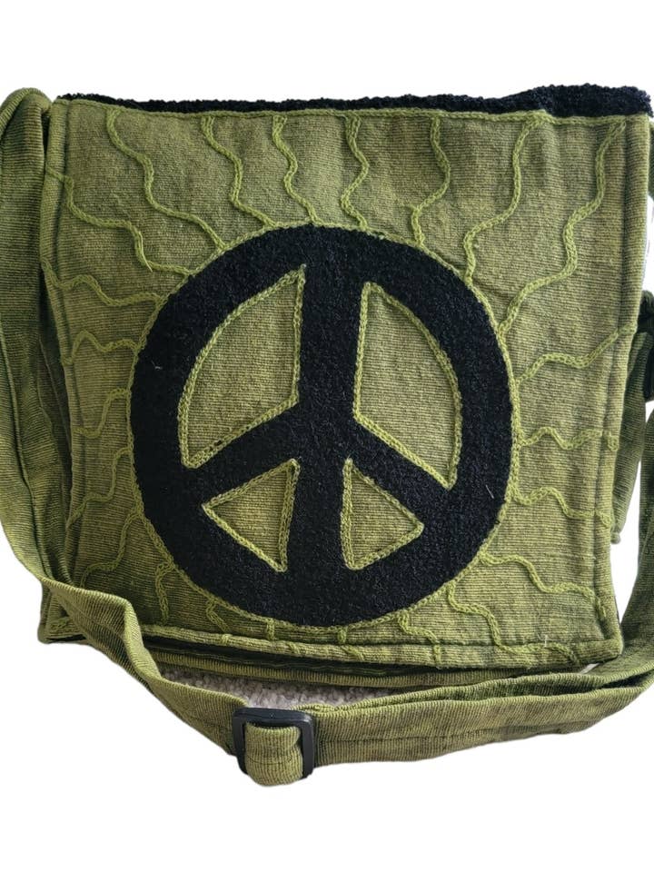 BA584 Peace Sign Shoulder Bag Stonewashed Green for wholesale by Evergreen Guardian Imports