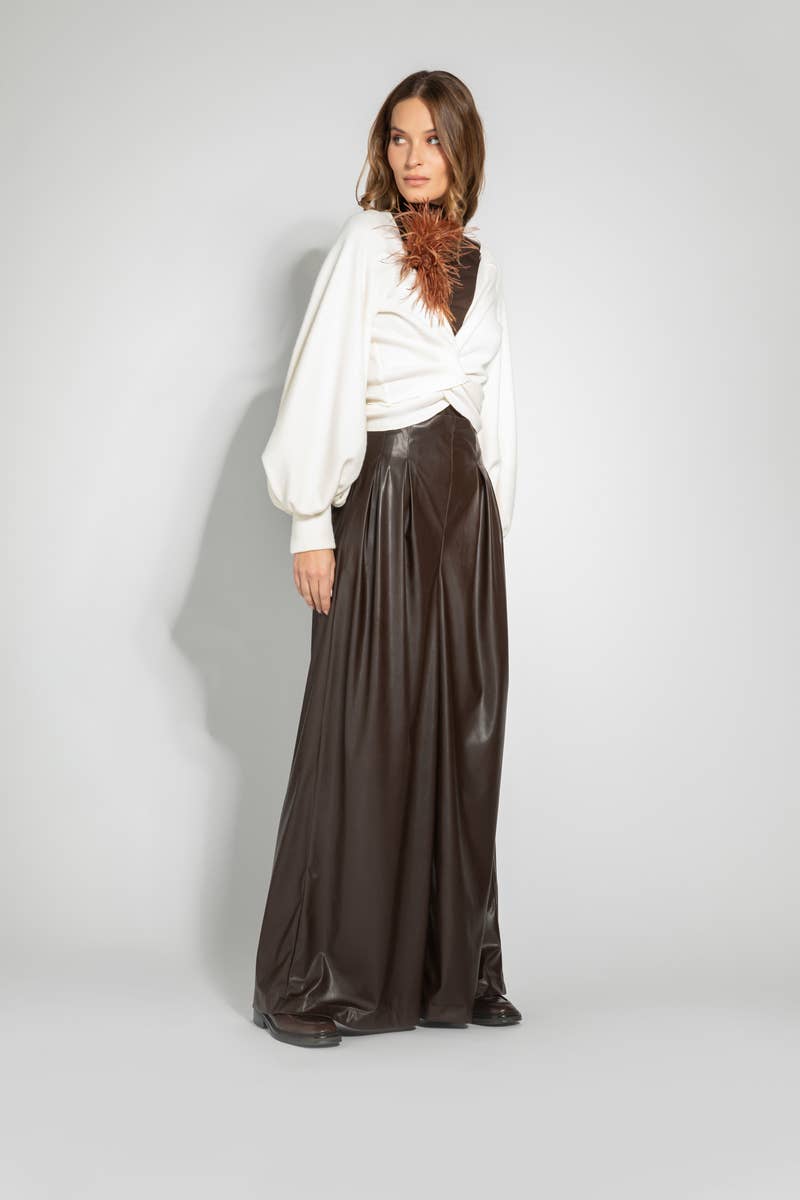 Brown faux leather A6051E PALAZZO PANTS WITH BUSTIER AND ECO-LEATHER CLASHES for wholesale on Faire