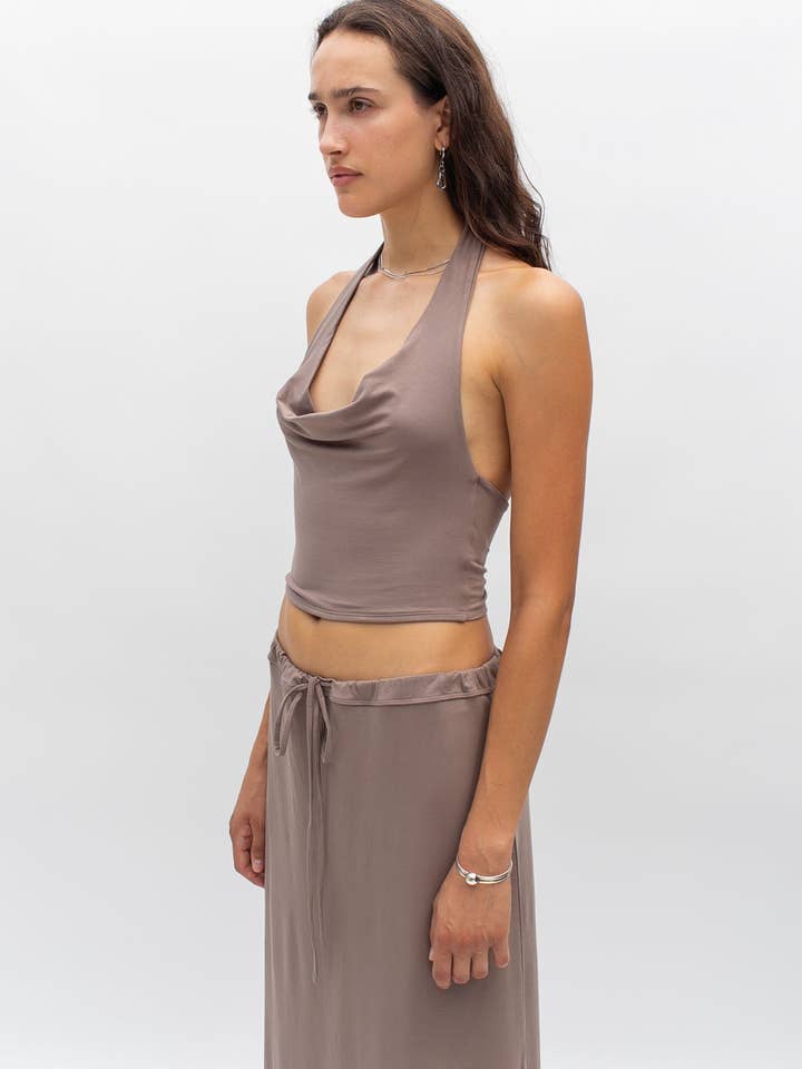 Zoey Top Halter Neck Cropped Knit Top Sable Viscose Spandex for wholesale on Faire