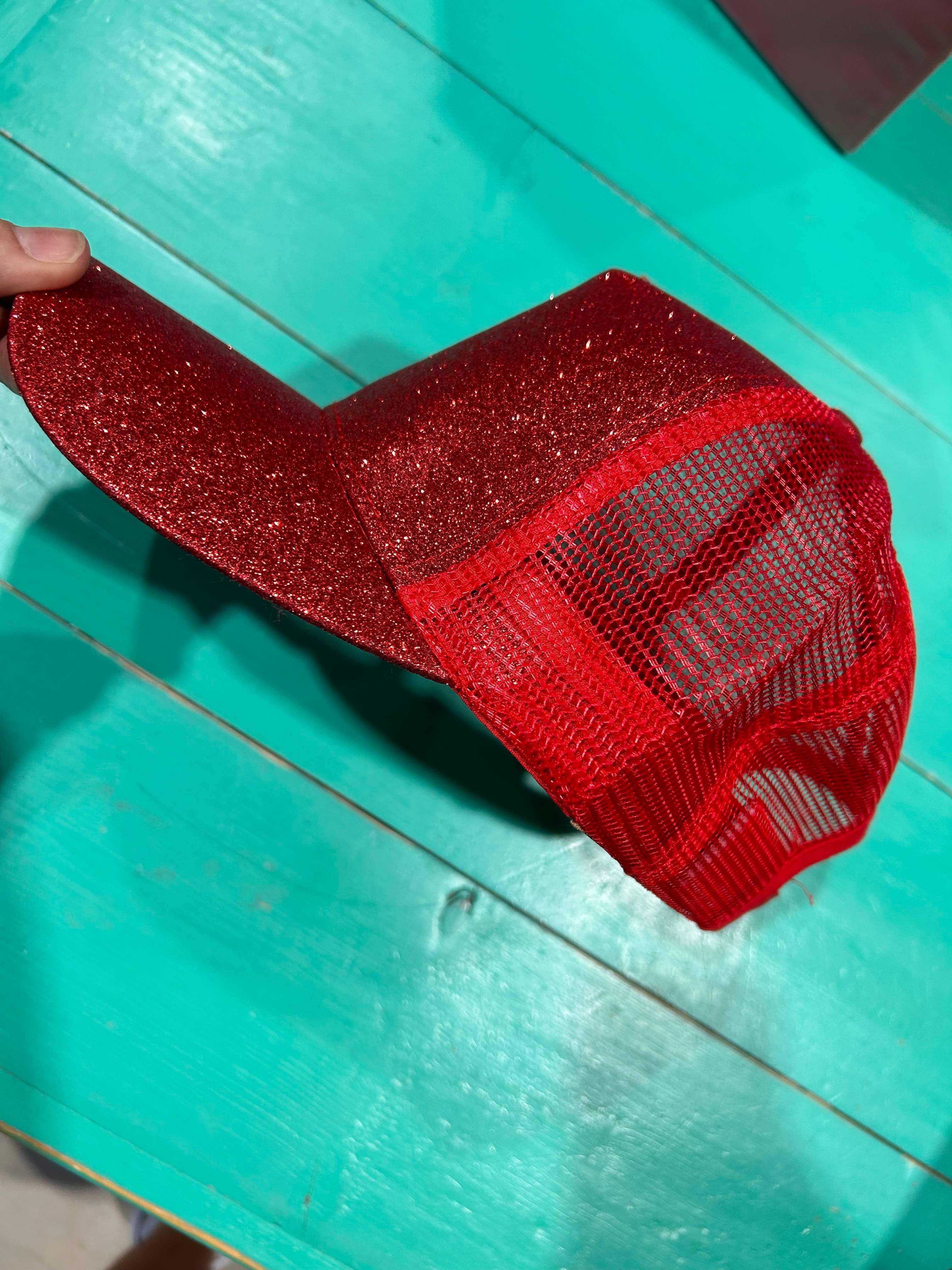 Vibes Red Glitter Ponytail Caps  | Sparkle | Baseball Cap for wholesale on Faire1