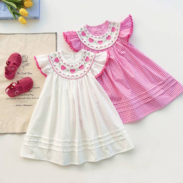 Summer Baby Kids Girls Fly Sleeves Heart Pattern Embroidered Dress for wholesale by MyKids-USA®