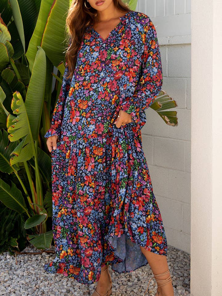 Blue Floral V-Neck Long Sleeve Maxi Dress for wholesale on Faire0