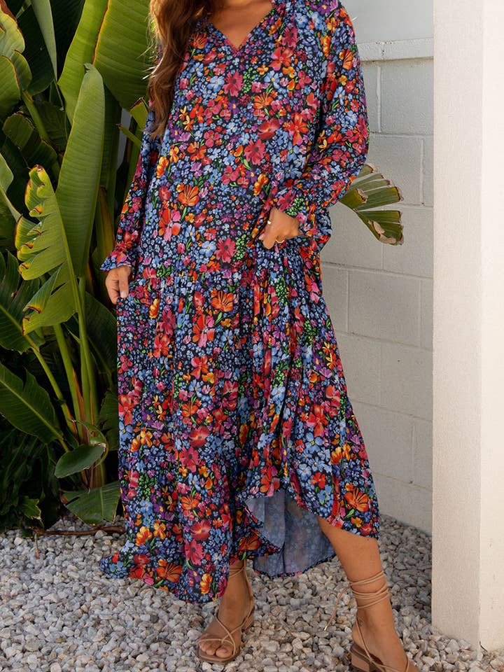 Floral V-Neck Long Sleeve Maxi Dress for wholesale by PRETTY BASH