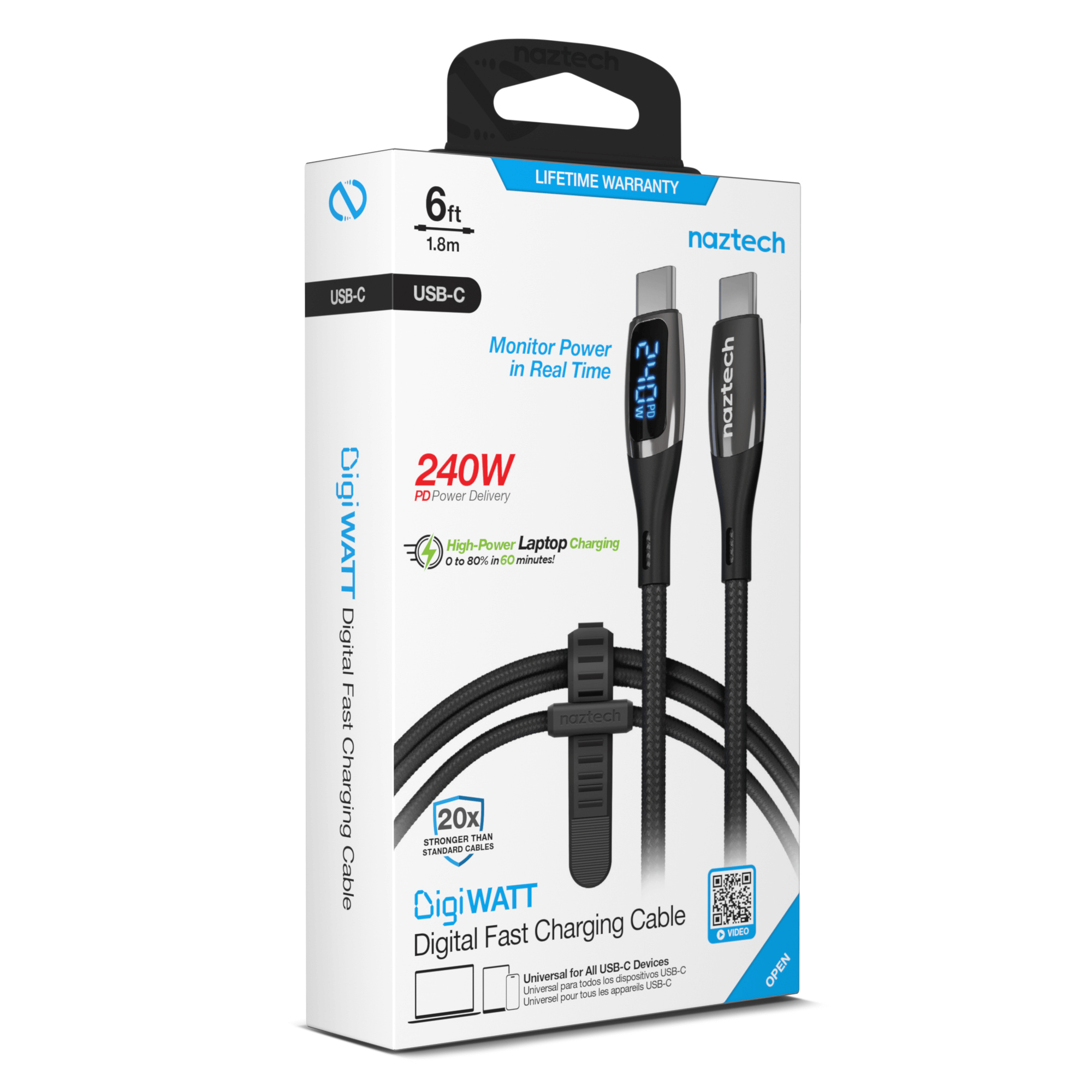 JupiterGear Home - Wholesale Charging Cable - Naztech DigiWATT USB-C to USB-C Digital LED Cable 6ft4