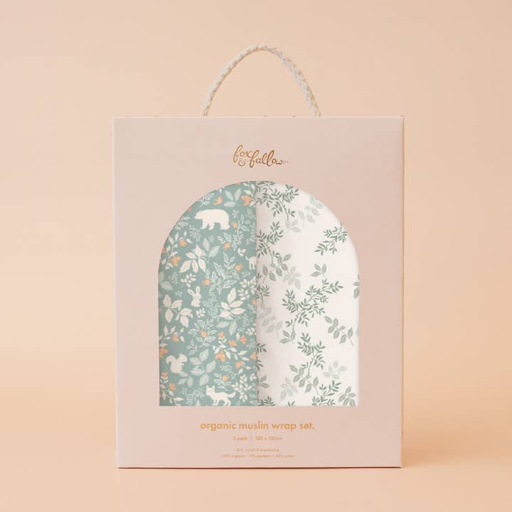 Forest Friends Sage/Cypress Organic Muslin Wrap Swaddle Set for wholesale by Fox & Fallow