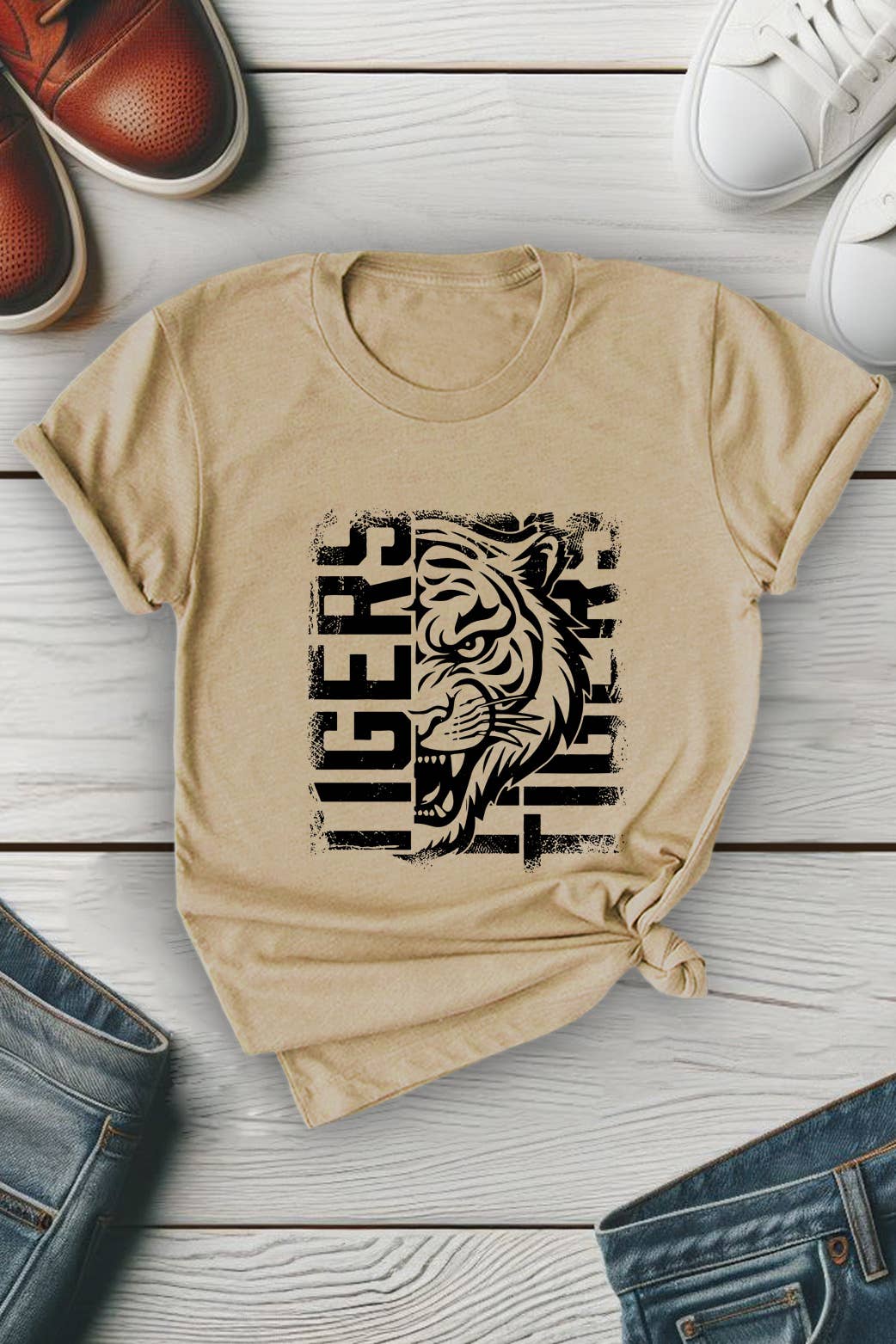 Top Avenue - Vendita all'ingrosso Maglietta stampata - Unisex - T-shirt unisex con scollo tondo con tigre invecchiata10