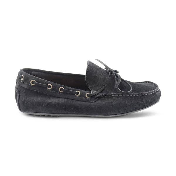 Black suede moccasins with rubber studs for wholesale by Otisopse