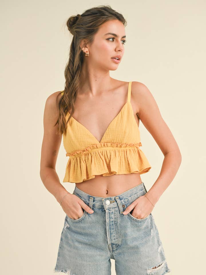 Klesis - Wholesale Blouse - Women's - IT3572 SPAGHETTI STRAP RUFFLED CROP TOP