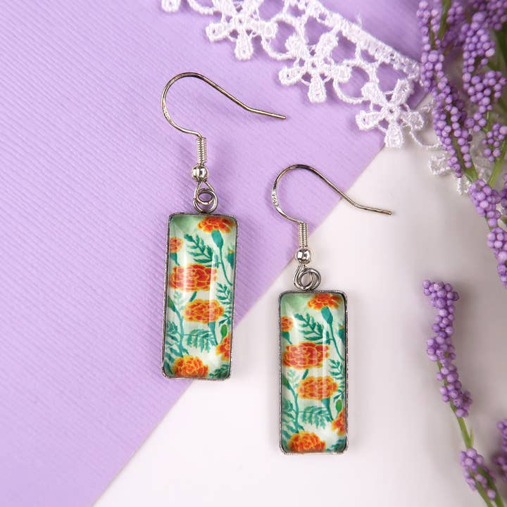 Marigold Flowers Glass Pendant Earrings for wholesale by Loretta Belle Art