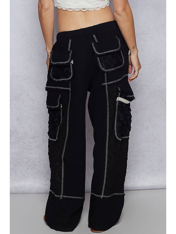 Pol Clothing - Wholesale Pants - Women's - Solid lace patch side pocket wide pants12