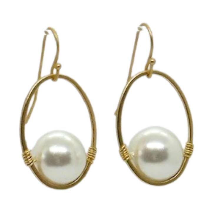 White Pearl Wire Wrapped Matte Gold Oval Earrings for wholesale by Deborah Grivas Designs