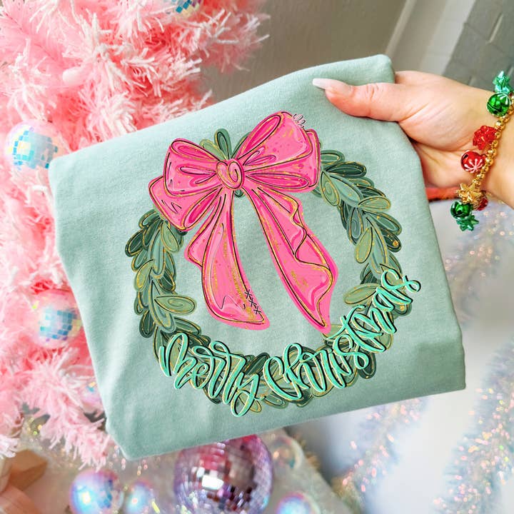 Vrolijk Kerstfeest Roze Strik Kerstkrans DTF Warmteoverdracht voor wholesale door Trendy Transfers