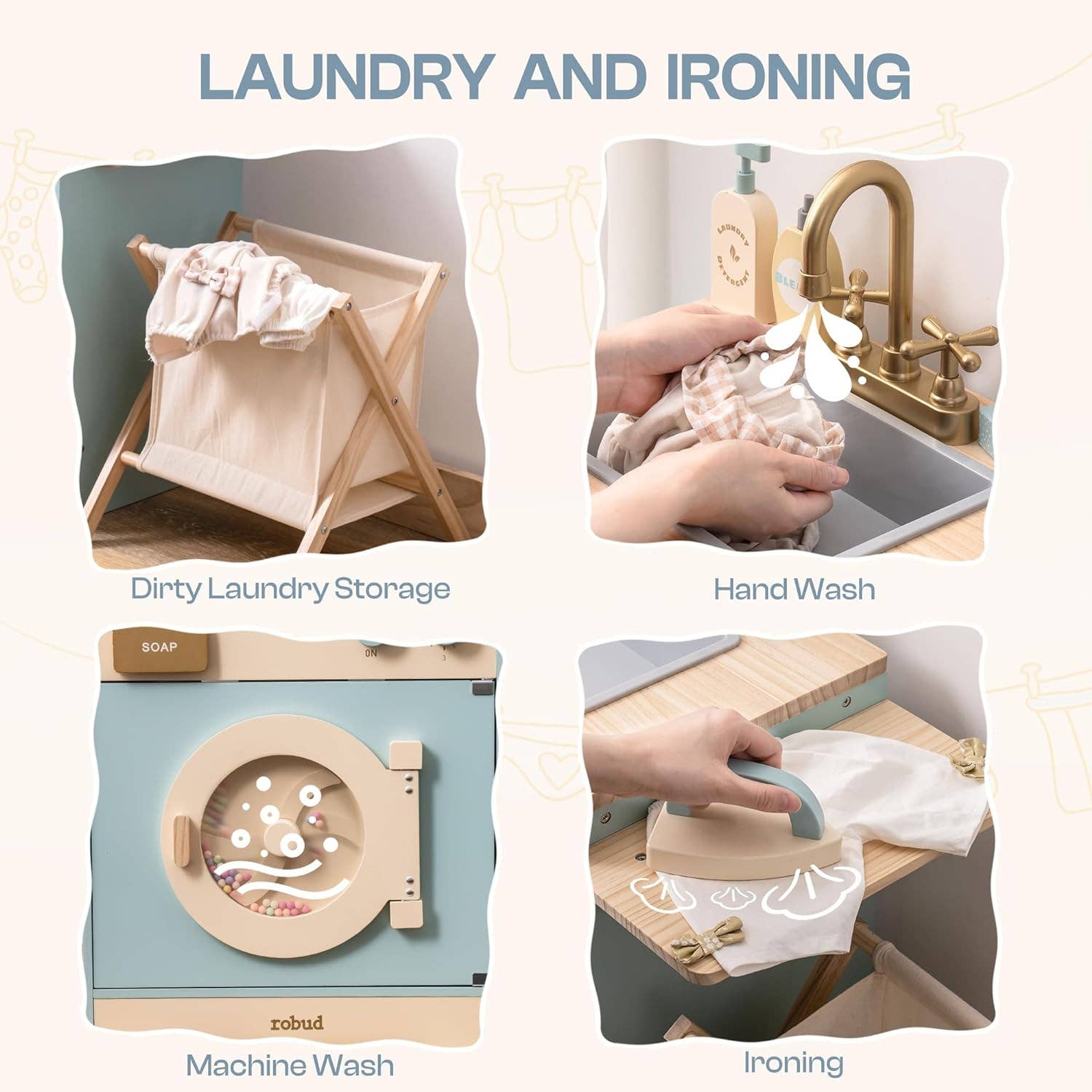 Robud & Mewoofun Official Store – Conjunto de brinquedos - Crianças por atacado – Robud Conjunto de Brinquedo de Máquina de Lavar de Madeira para Crianças7