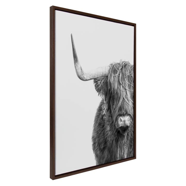Sylvie B&W Highland Cow No. 1 Framed Canvas by Amy Peterson Art Studio for wholesale by Kate and Laurel