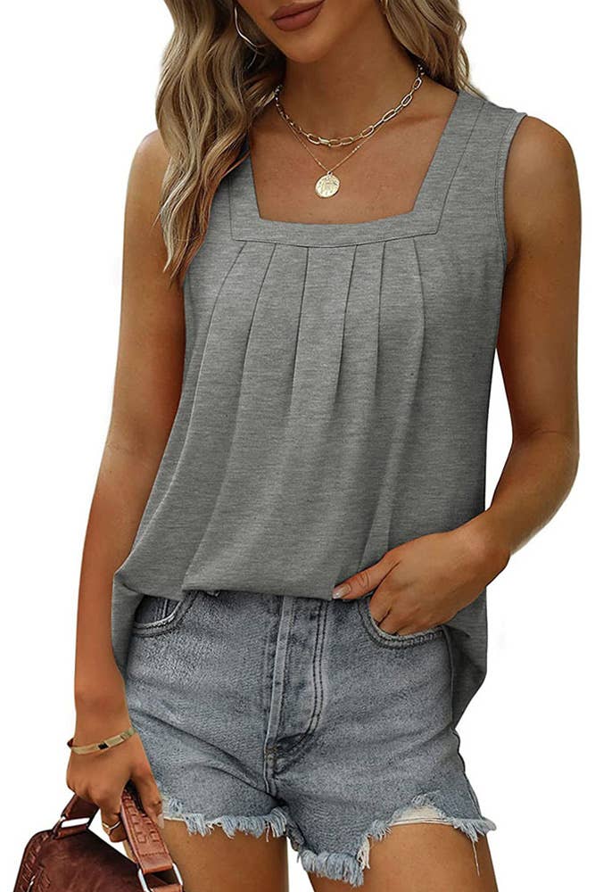 UNISHE - Wholesale Tunic - Women's - Plain Square Neck Tucked Stitching Tank Top ZZKF7843