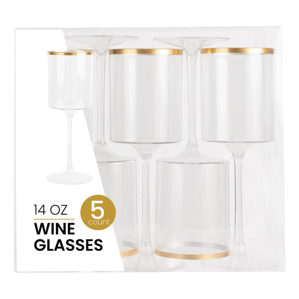 Posh Setting - Wholesale Wine Glass - 14 Oz Clear and Gold Plastic Stemmed Wine Goblets - 5 Count2