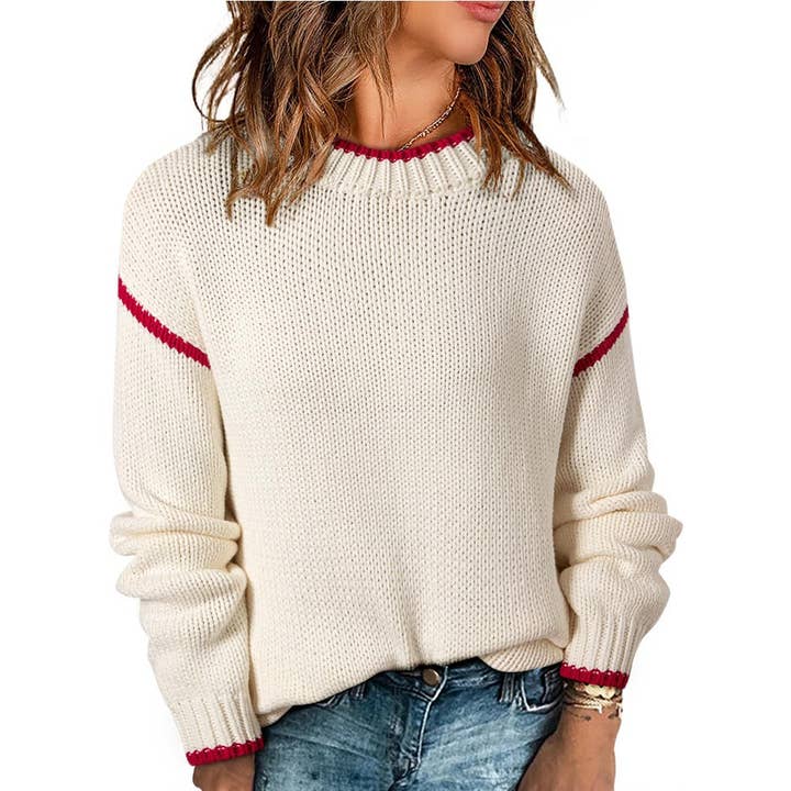 Rosa Clothing - Wholesale Knit Sweater - Women's - Blanket Stitch Ribbed Knit Pullover Sweater1