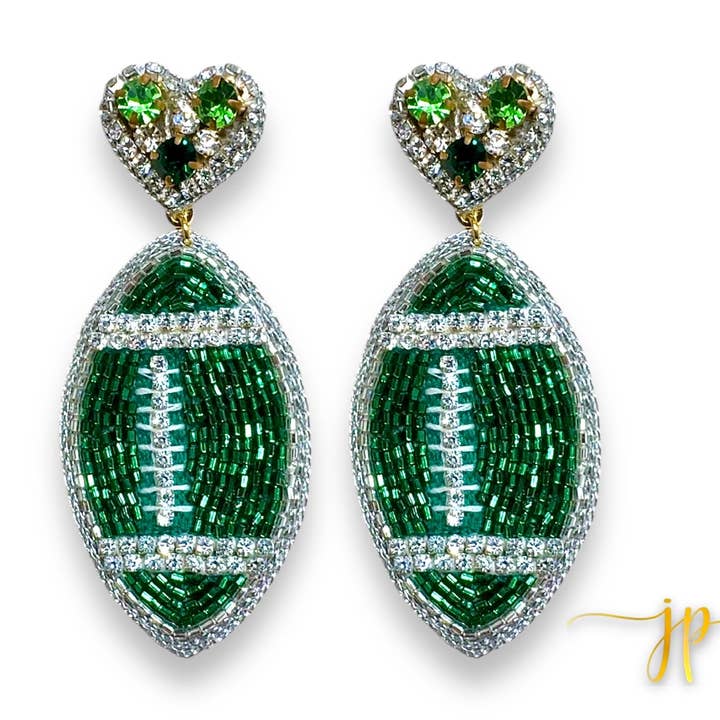 Game Day Green Rhinestone Hearts Football Earrings for wholesale by Jenny Patrick Designs ™
