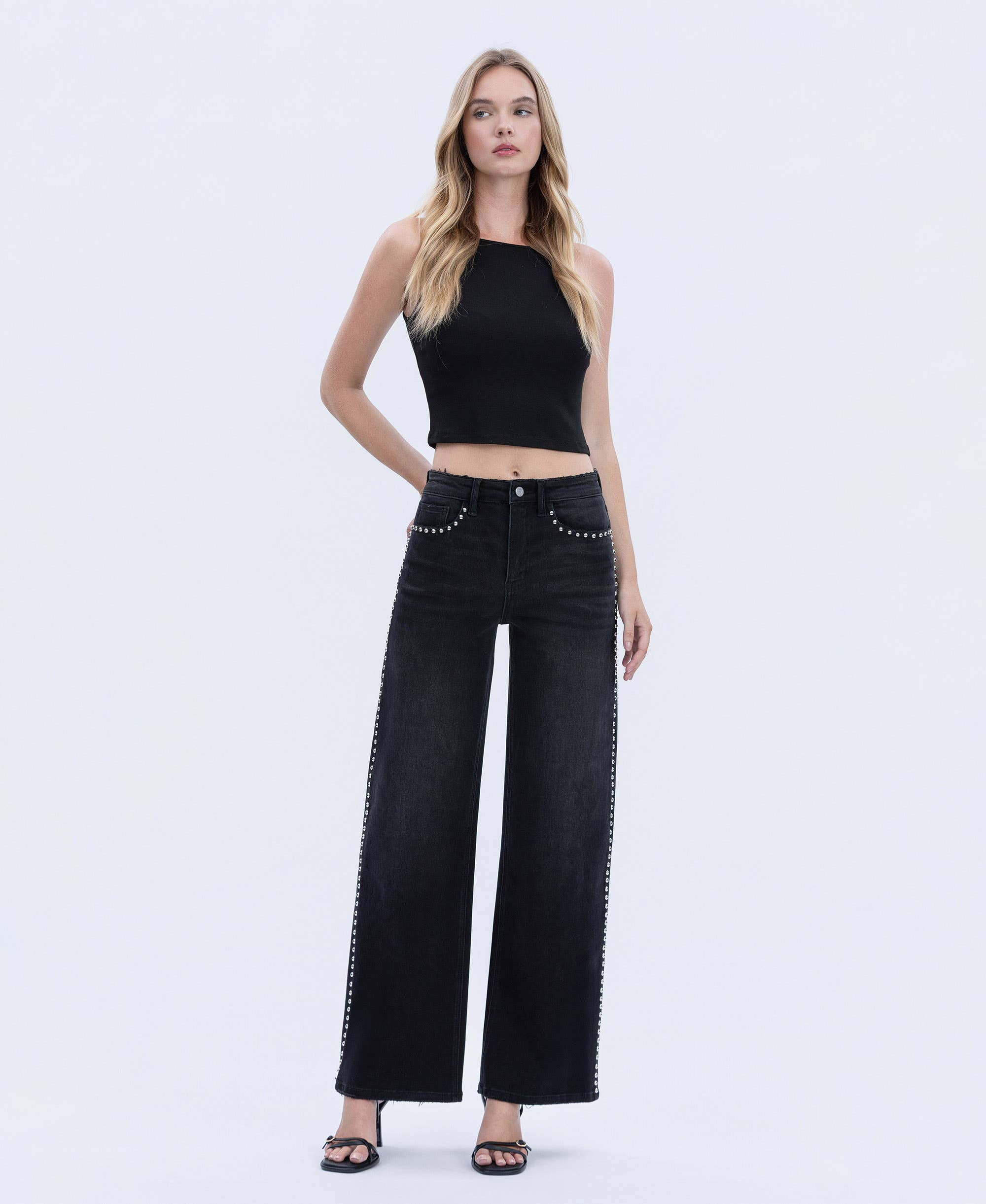 Noir JEAN LARGE DÉTAIL CLOU TÊTE DE DÔME ARGENTÉE HAUTE V3712BK en vente sur Faire4