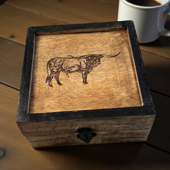 Branding Iron Longhorn Bull Laser-Etched Wood Jewelry Box for wholesale by Wilco Home