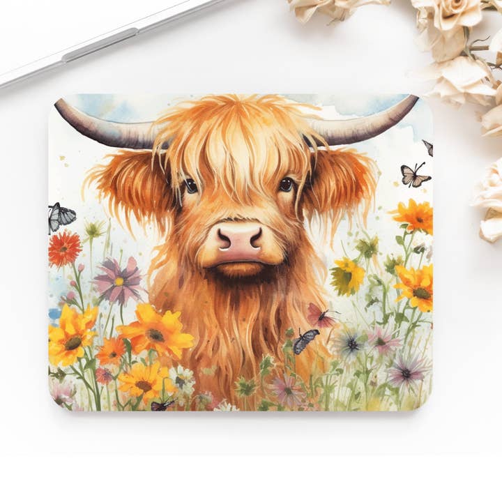 simply creative - Wholesale Mousepad/Trackpad - Premium Printed Anti-Slip Mouse Mat - Ultra Durable Floral Highland Cow Design0
