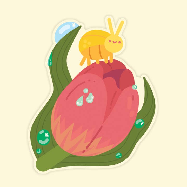 Bug on Tulip Vinyl Sticker | Waterproof Bug Vinyl Sticker for wholesale by Laura Illustrates