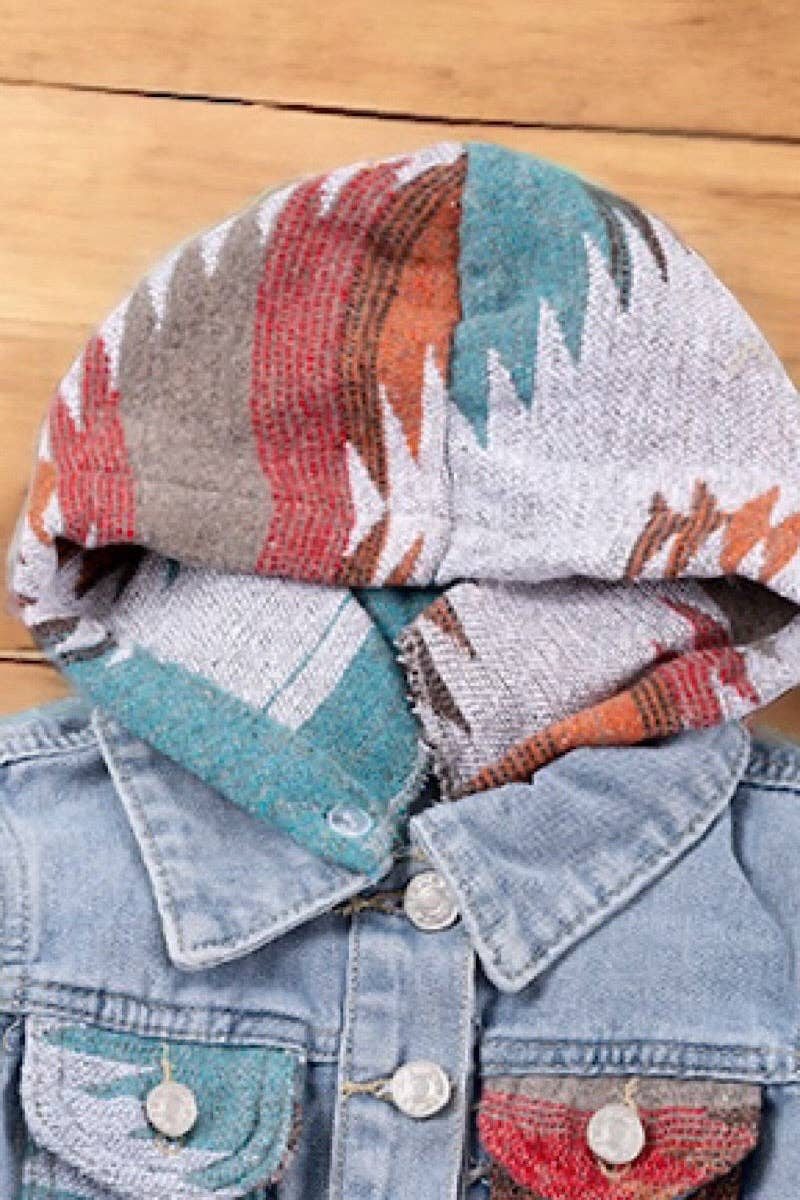 Kids Charm Online - Vente Veste en jean – enfant - 💎Veste en jean à capuche avec manches aztèques pour filles. TPG651522227- WENDY3