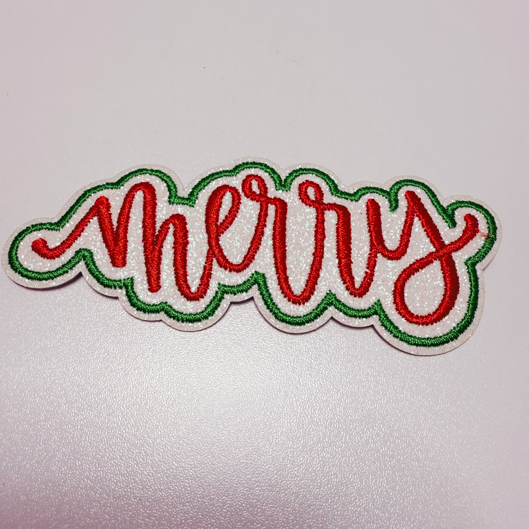 TEELUX - Wholesale Patch - 4" Merry in Red & Green w Sparkles -  Embroidered Hat Patch2