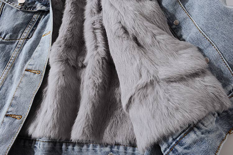 Blå JK123Y Denimjacka med avtagbart foder och krage i päls för wholesale på Faire7