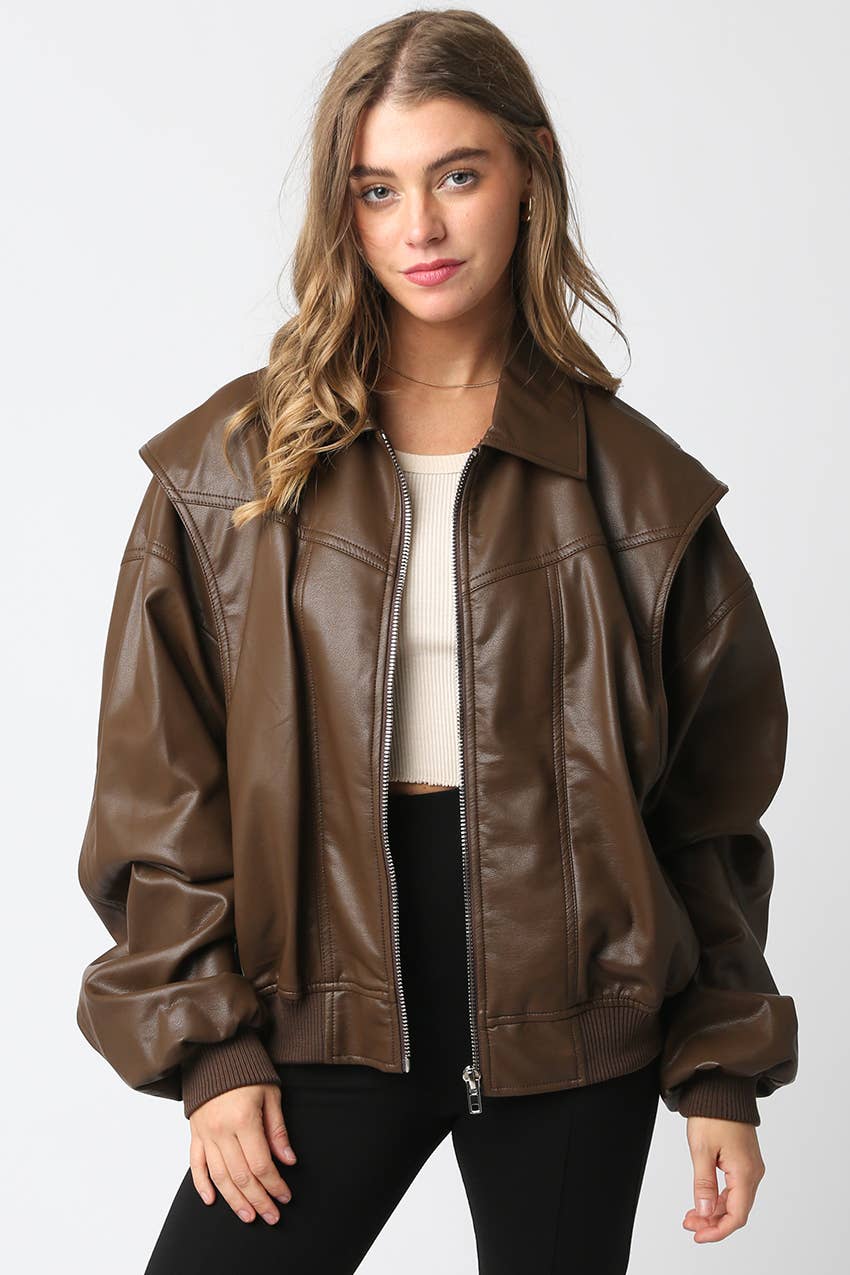Olivaceous - Wholesale Bomber Jacket - Women's - Kaylee Pu Bomber Jacket5