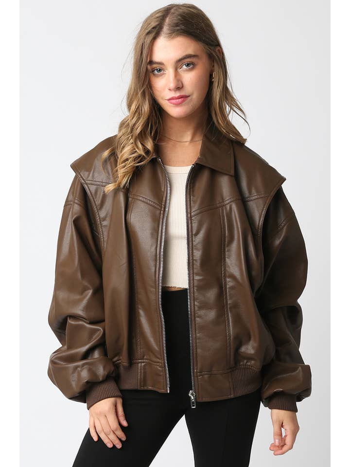 Olivaceous - Wholesale Bomber Jacket - Women's - Kaylee Pu Bomber Jacket5