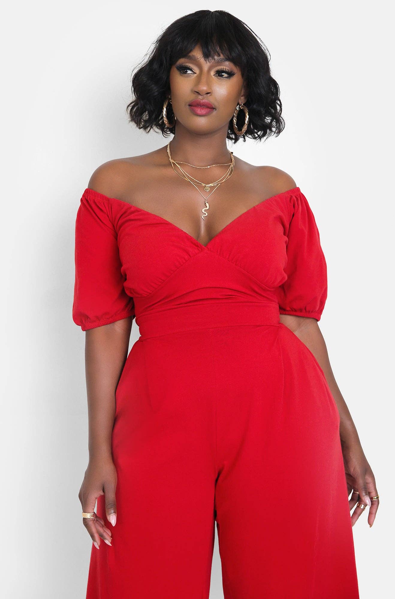Red Hiding Something Peasant Top Wide Leg Jumpsuits w. Pockets for wholesale on Faire2