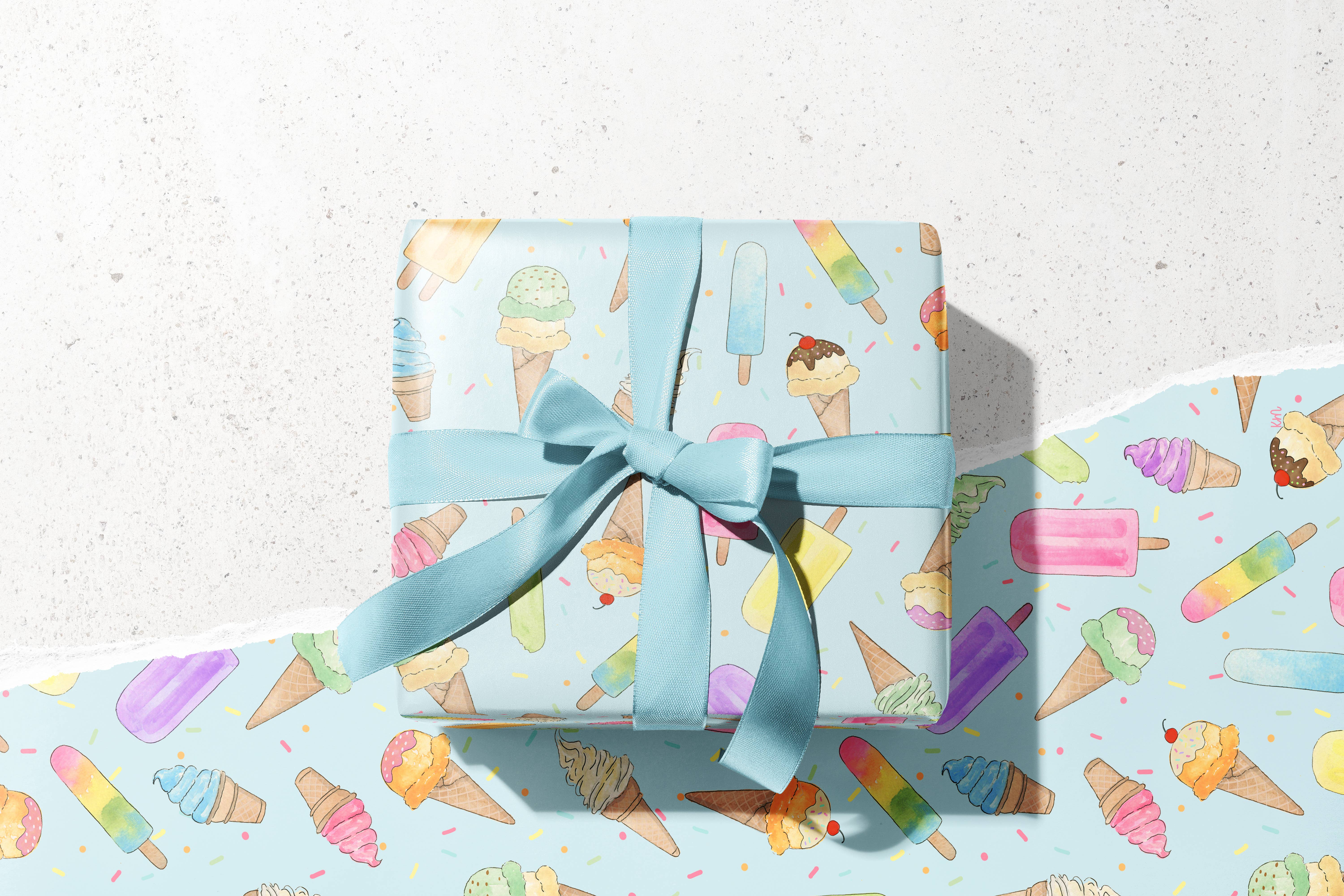 KelseyMDesigns - Wholesale Wrapping Paper Roll - Ice Cream  - Birthday Wrapping Paper - 3 Sheet Roll1