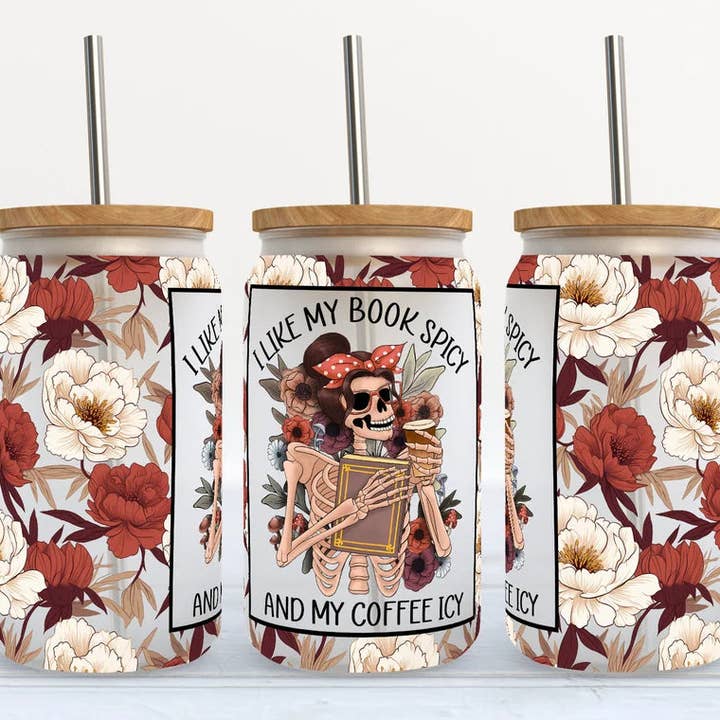 I Like My Book Spicy and My Coffee Icy 16oz Frosted Libbey Glass Tumbler for wholesale by Kate Haven Glass Tumblers for Every Occasion