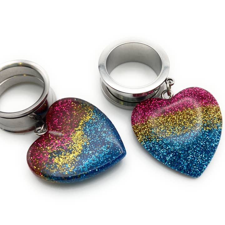 Eros Plugs - Venta al por mayor Pendiente sin pareja - Túneles colgantes en forma de corazón con purpurina rosa, azul y dorada