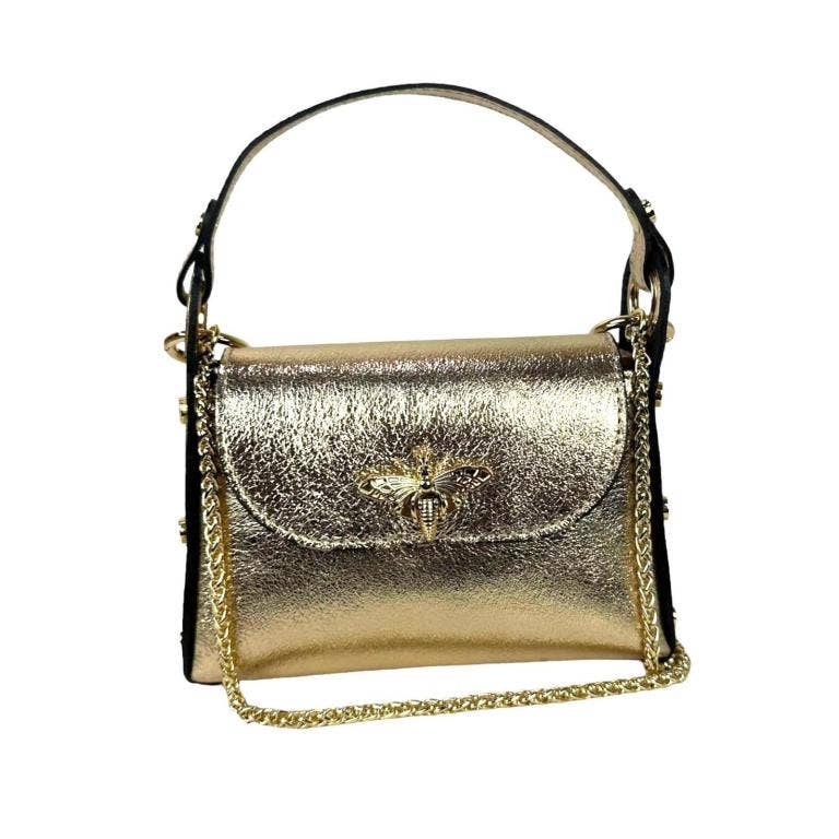 Chenson & Gorett – wholesale Axelremsväska – Dam – Kvinnors metalliskt läder kompakt väska med dubbar och Bee5