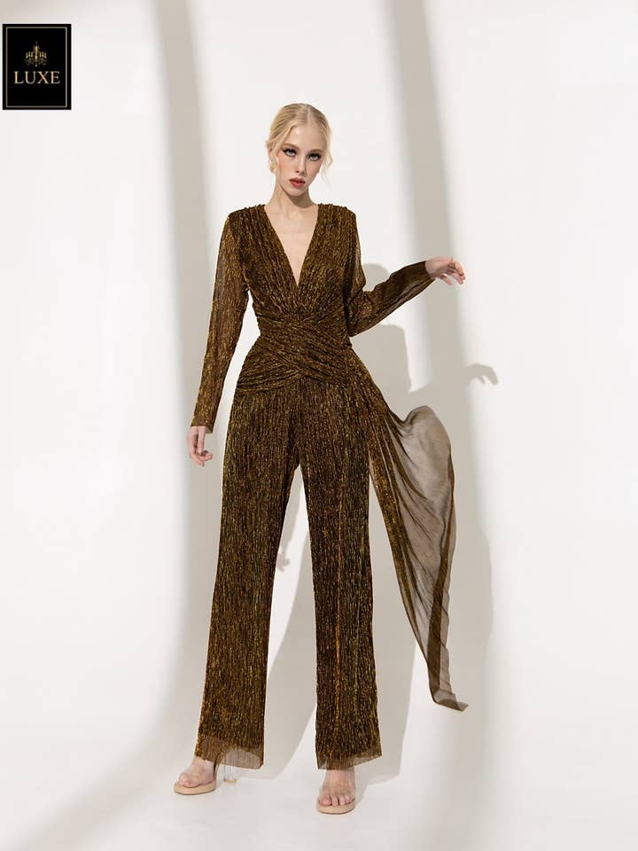 V Neck Long Sleeve Jumpsuit Overlap Detail for wholesale by AlexyDesings