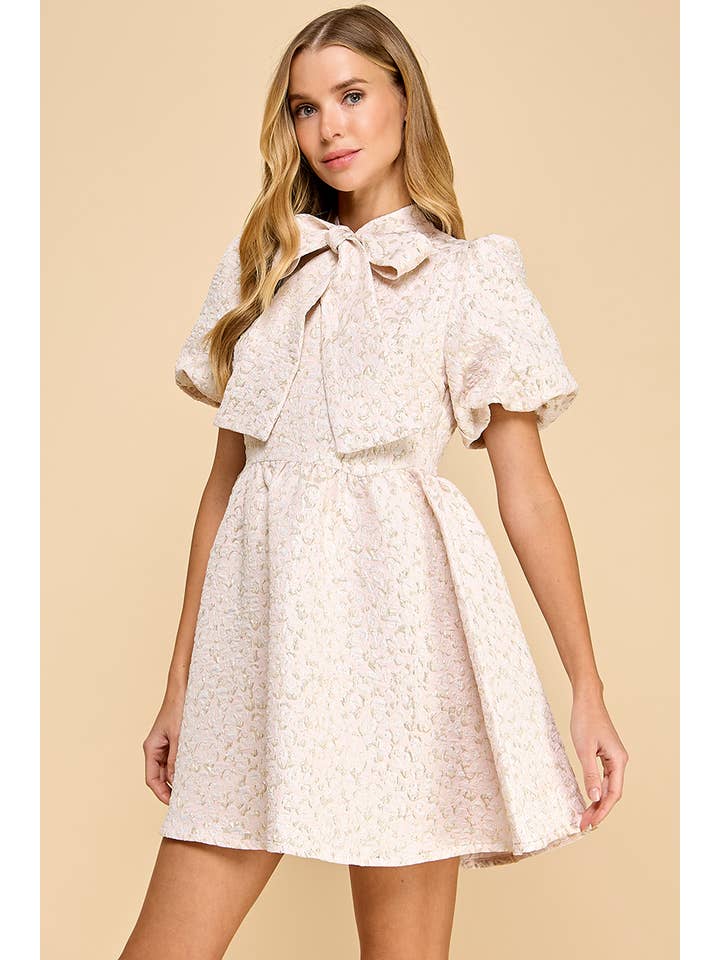 TCEC - Wholesale Dress - Women's - CD05250-Jacquard Puff Sleeve Pussy Bow Detail Dress
