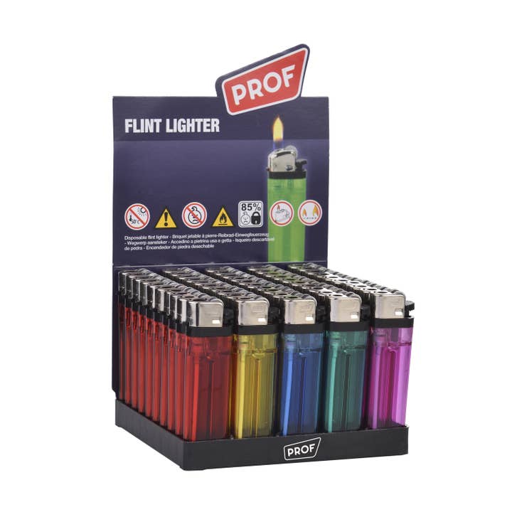 Display of 50 stone lighters for wholesale by PROF