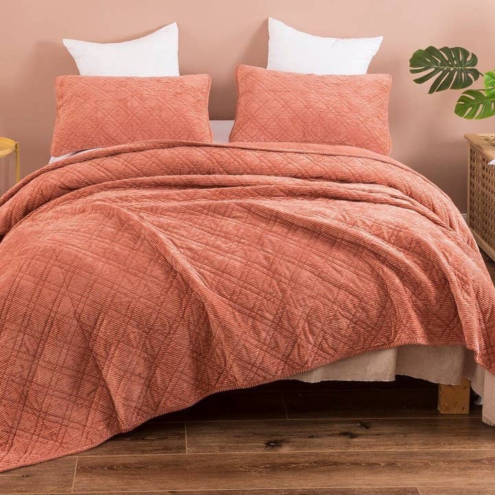 DaDalogy Bedding Terracotta Coral Brick Orange Soft Velour Corduroy Bedspread Set (JHW952) for wholesale by DaDalogy Bedding