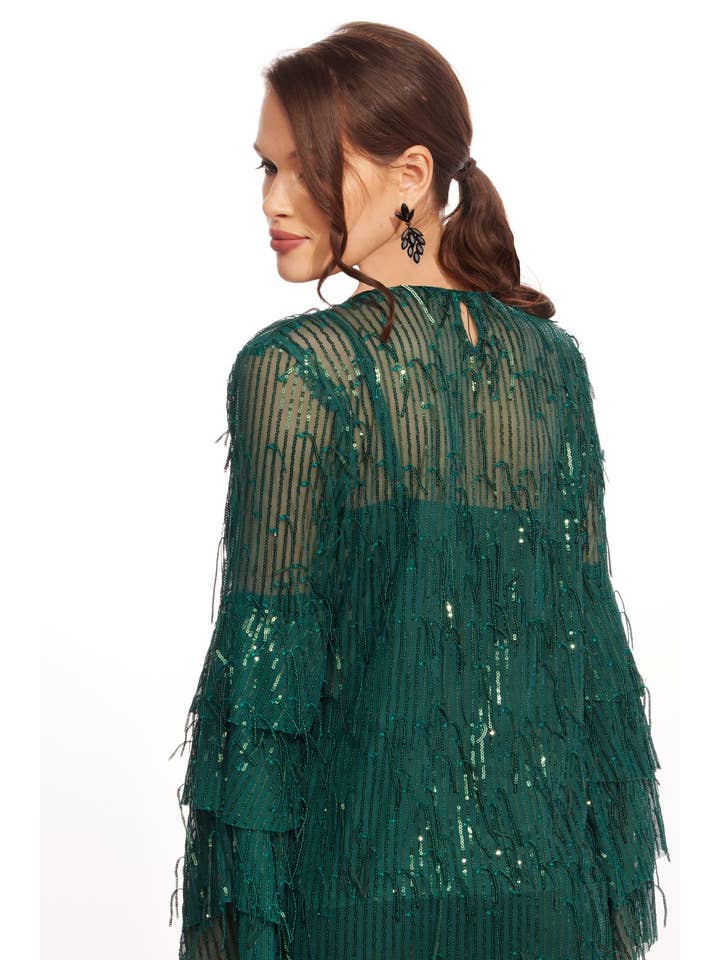 Eva Franco - Wholesale Blouse - Women's - Fall Long Sleeve Sequin Fringe Top – Glitter Pine8