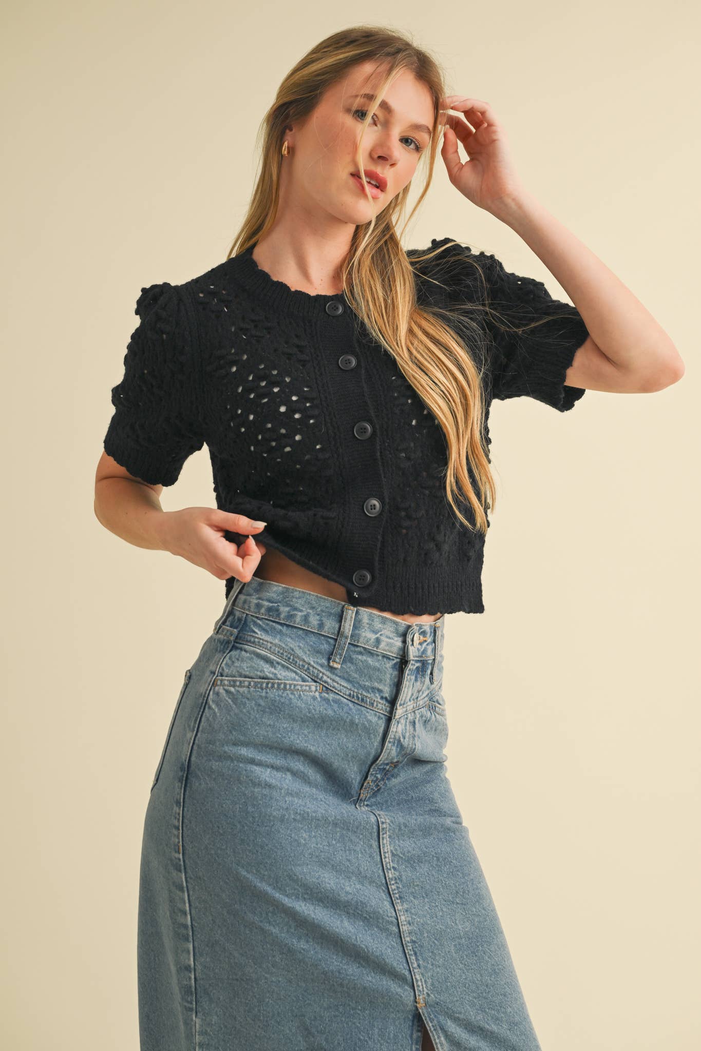 &MERCI - Wholesale Cardigan - Women's - CROPPED POINTELLE BUTTON DOWN SWEATER CARDIGAN MSW1085743